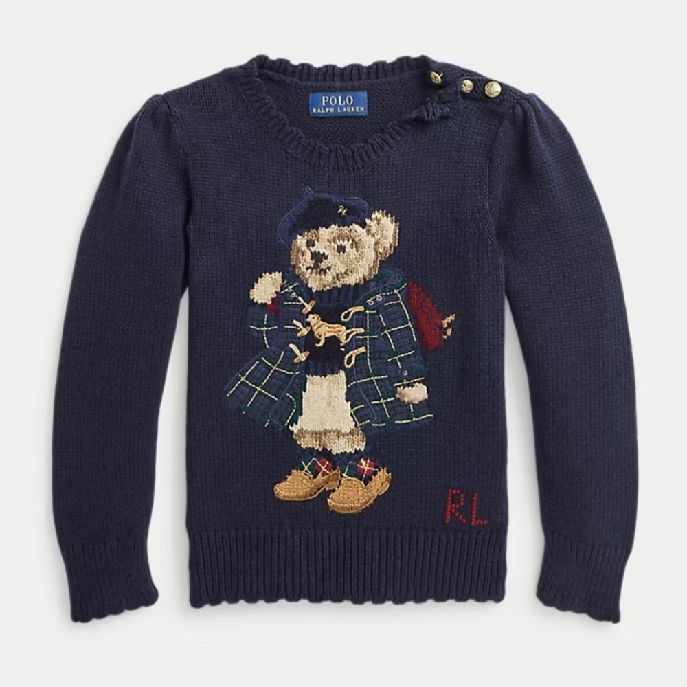 Ralph Lauren Polo Bear Cotton Sweater Kids Size 2 Scalloped Trim Preppy Classic